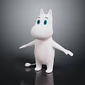 White 3D Cartoon Character With Big Blue Eyes Open Arms On Dark Background