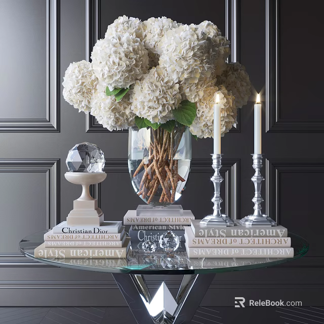 Elegant Decorative Ornament Set With White Hydrangea Glass Vase Crystal Ball Candles Books 3d model 