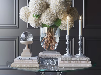 Elegant Decorative Ornament Set With White Hydrangea Glass Vase Crystal Ball Candles Books 3d model
