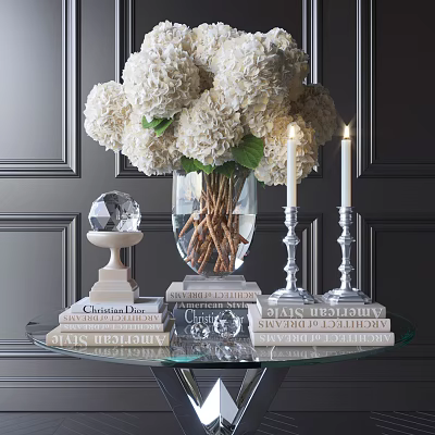 Elegant Decorative Ornament Set With White Hydrangea Glass Vase Crystal Ball Candles Books 3d model