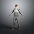Game Movie Female Character in Gray Utility Jumpsuit with Red Hands Standing Pose
