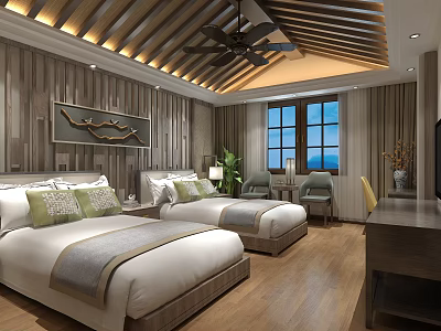 Hotel Guest Room With Twin Beds Wooden Decor Ceiling Fan And Large Window View 3d model