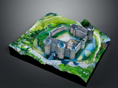 Castle Architectural Model With Surrounding Green Landscape And Historic Towers Structure 3d model