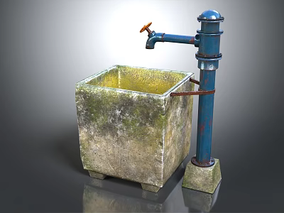 Garden Ornament Featuring Square Moss Covered Stone Basin With Blue Metal Faucet And Orange Handle 3d model