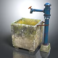 Garden Ornament Featuring Square Moss Covered Stone Basin With Blue Metal Faucet And Orange Handle