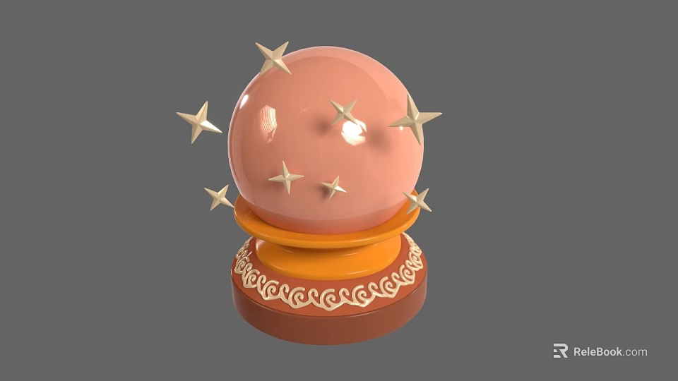 Decorative Pink Crystal Ball With Gold Stars On Orange Intricate Patterned Base 3d model 