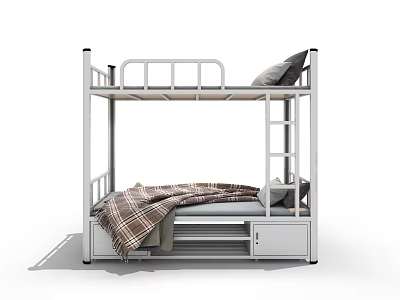 Modern Metal Bunk Bed With Ladder Plaid Blanket Mattress And Storage Drawer 3d model