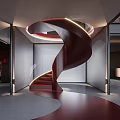 Modern Red Spiral Staircase With Curved Structure And Interior Hall Lighting Design