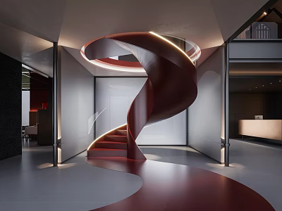 Modern Red Spiral Staircase With Curved Structure And Interior Hall Lighting Design 3d model
