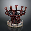 Red Wooden Decorative Structure With Lattice Design And Stone Pedestal Base