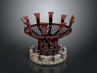 Red Wooden Decorative Structure With Lattice Design And Stone Pedestal Base 3d model