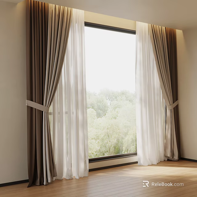 Brown And White Double Layer Curtains Framing Window With Natural Tree View 3d model