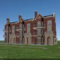 Red Brick Townhouse Exterior With Multi Storey Design And Balconies In Green Grass Field