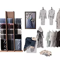 Assorted Clothes Display Featuring Hanging Shirts Coats Folded Pants And Ties On Racks 3d model