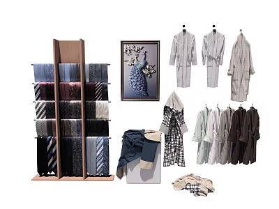 Assorted Clothes Display Featuring Hanging Shirts Coats Folded Pants And Ties On Racks 3d model