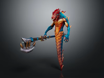 Red and Blue Game Movie Character With Dragon Head Scaly Body Holding Axe Standing 3d model