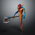 Red and Blue Game Movie Character With Dragon Head Scaly Body Holding Axe Standing