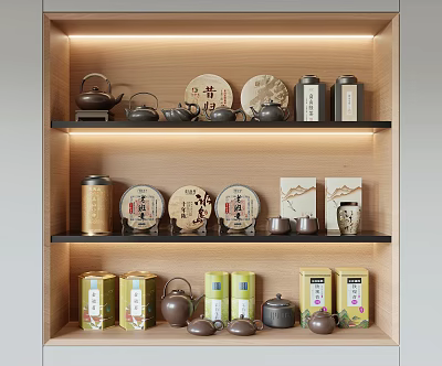Wooden Shelf Display of Traditional Tea Sets with Teapots Tea Cakes Cans Cups and Boxes 3d model