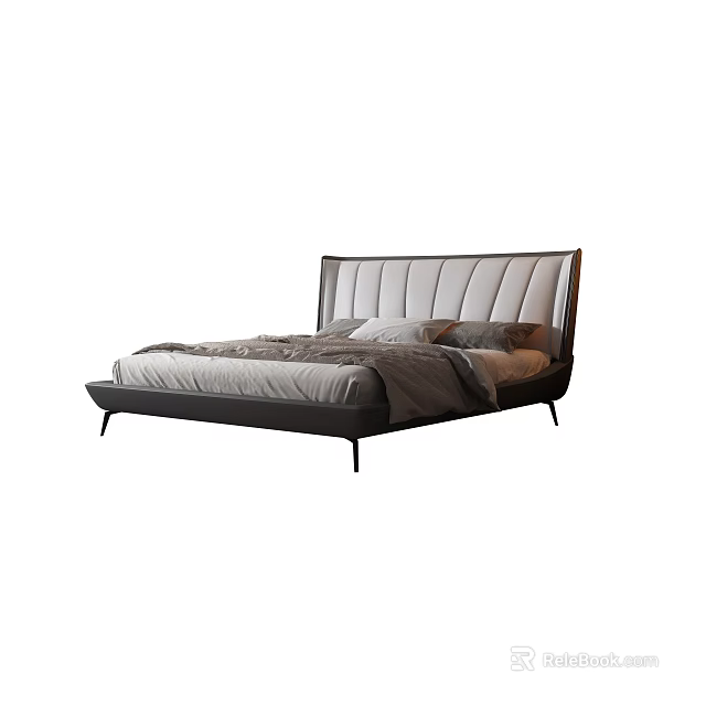 Modern Stylish Double Bed With Upholstered Headboard And Gray Minimalist Frame 3d model