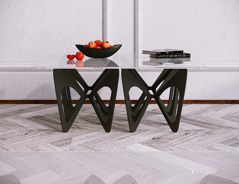 Modern Coffee Table With Glass Top Black Butterfly Legs Apple Bowl And Stacked Books 3d model 