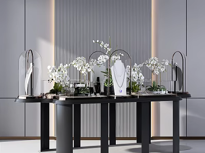 Elegant Modern Display Shelves With White Flowers Glass Cloches And Decorative Items 3d model