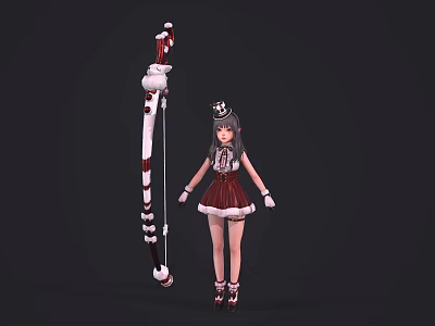 Woman in red dress with hat standing next to red and white striped pole decoration 3d model