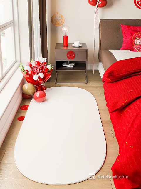 Cozy Bedroom Interior With Red Quilt Nightstand Flower Bouquet Balloons White Rug And Wooden Floor 3d model 