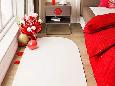 Cozy Bedroom Interior With Red Quilt Nightstand Flower Bouquet Balloons White Rug And Wooden Floor 3d model