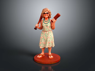 Female Figurine Holding Baseball Bat And Drumstick In Floral Dress With Sandals On Red Base 3d model