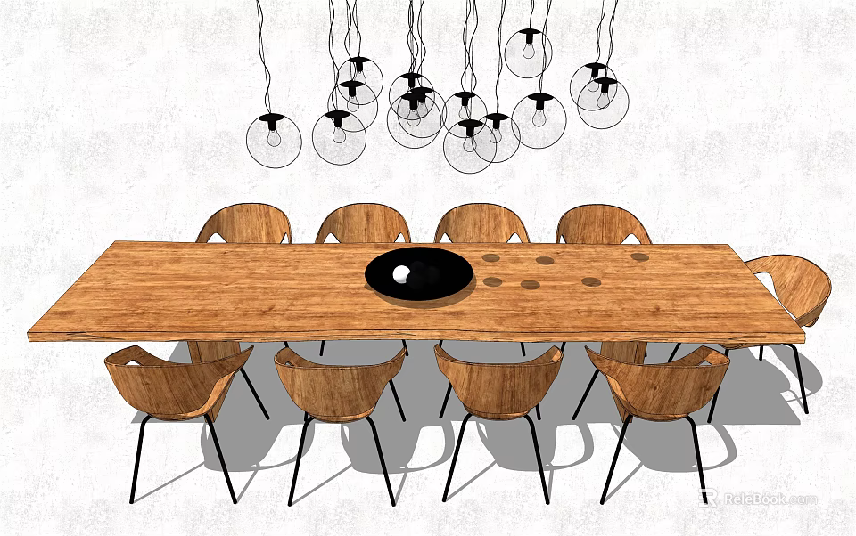 Modern Wooden Rectangular Dining Table Set with Multiple Chairs and Hanging Pendant Lights 3d model