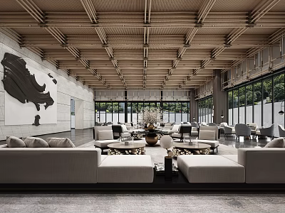 Modern Hotel Public Lounge With Comfortable Sofas Coffee Tables Wooden Ceiling And Large Windows 3d model