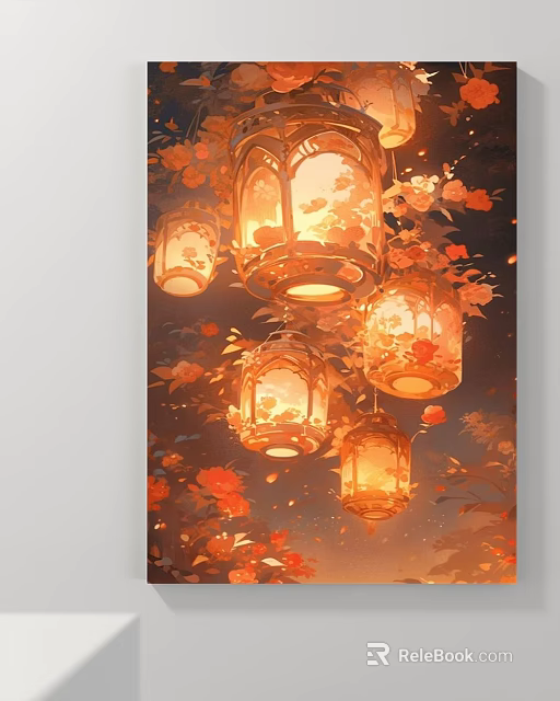 Abstract Painting Featuring Glowing Lanterns Orange Flowers And Floating Petals With Warm Tones 3d model 