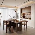 Modern Open Dining Room Interior With Wooden Table Chairs Pendant Light And Cabinets