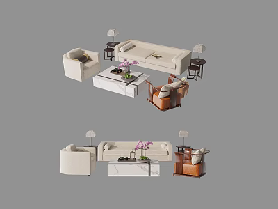 Modern Upholstered Sofa and Marble Coffee Table Set With Armchairs Side Lamps and Flowers 3d model