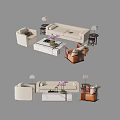 Modern Upholstered Sofa and Marble Coffee Table Set With Armchairs Side Lamps and Flowers