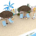 Beach Themed Photo Check in Spot With Straw Umbrellas Striped Lounge Chairs Surfboards Palm Decor