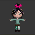 Cute Cartoon Child With Pink Bow Colorful Glitter Hair Green Hoodie Brown Skirt Arms Outstretched