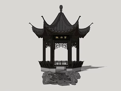 Traditional Chinese Pavilion With Carved Details Overhanging Eaves And Stone Base 3d model