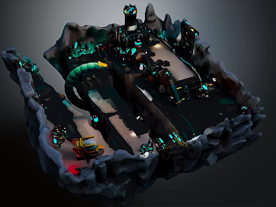 Futuristic Sci Fi Underground Landscape With Rocky Terrain Luminous Lights Mechanical Structures And Vehicles 3d model