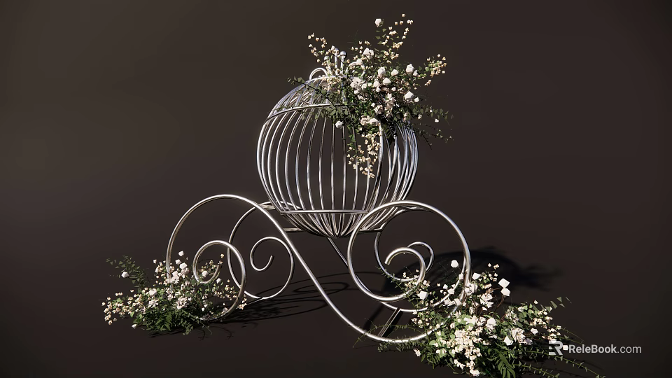 White Decorative Birdcage with Curved Scroll Legs and White Flowers Green Foliage on Dark Background 3d model 