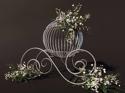 White Decorative Birdcage with Curved Scroll Legs and White Flowers Green Foliage on Dark Background 3d model
