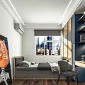 Modern Tatami Bedroom Interior With City View Window Wooden Bookshelf Study Desk And Chair