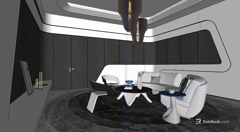 Modern Living Room Interior With White Sofa Black Coffee Table Round Carpet And Chandelier 3d model 