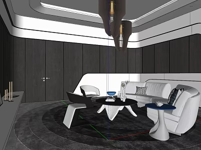 Modern Living Room Interior With White Sofa Black Coffee Table Round Carpet And Chandelier 3d model