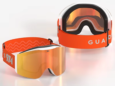 Orange Ski Goggles With GUARD Logo Reflective Lenses And Wavy Strap Design 3d model