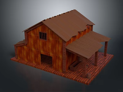 Wooden Barn Building With Sloped Roof Porch And Rural Window Design Elements 3d model
