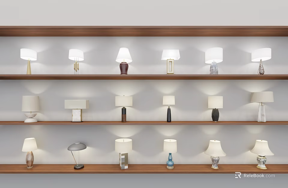 Various Table Lamps Featuring Different Designs Placed On Wooden Shelves 3d model