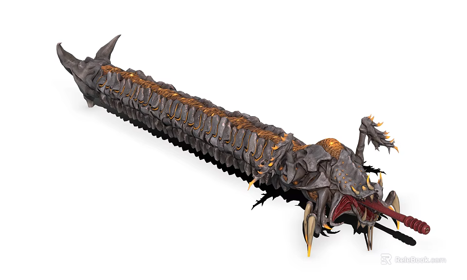 Fantasy Game Character Confronting Giant Spiked Metallic Centipede Creature With Sharp Claws 3d model 