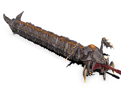 Fantasy Game Character Confronting Giant Spiked Metallic Centipede Creature With Sharp Claws 3d model