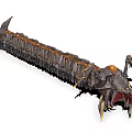 Fantasy Game Character Confronting Giant Spiked Metallic Centipede Creature With Sharp Claws